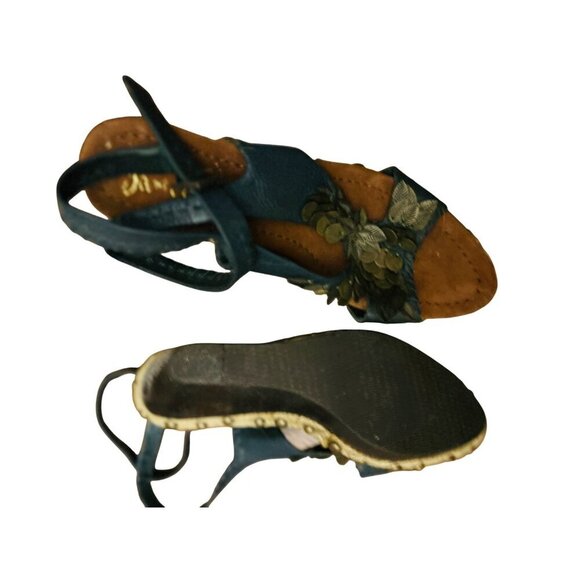 Sam Edelman Blue Leather Wedge Sandals Floral Coin Accents & Adjustable Straps - - Picture 6 of 8